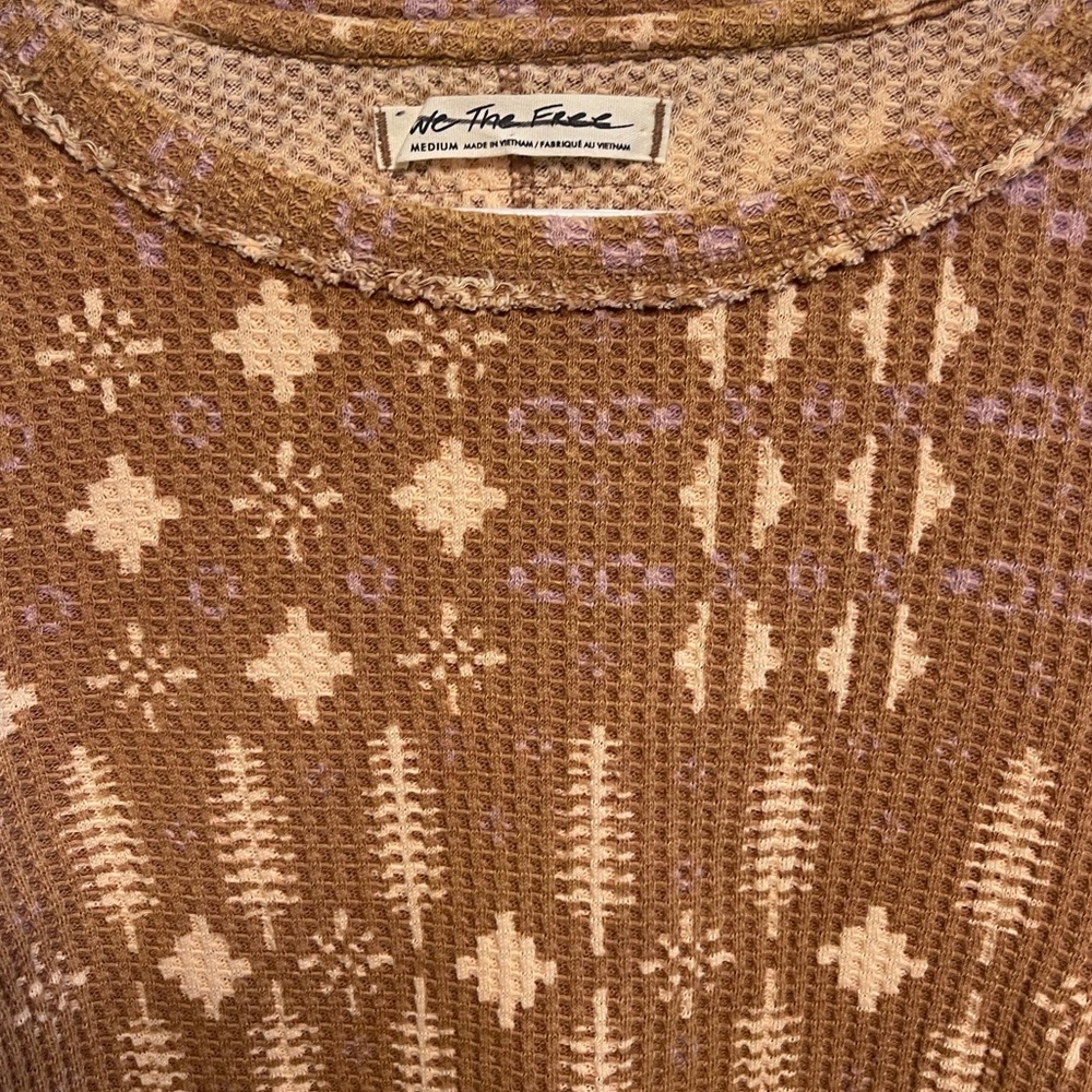 Free People Brown Waffle-Knit Patterned Long Sleeve Top